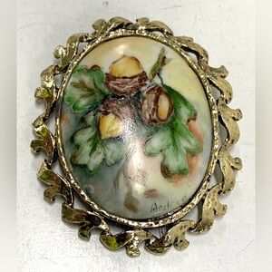 Vintage Hand Painted Acorn Oak Porcelain Brooch Pin - Artist Signed By Andrea